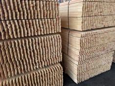 The pointed ends of 1" x 2" nursery stakes milled from douglas fir wood